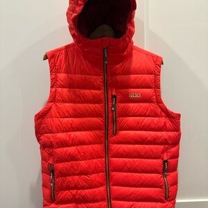 Stio, Bright Orange Quilted Puffer Vest with Hood